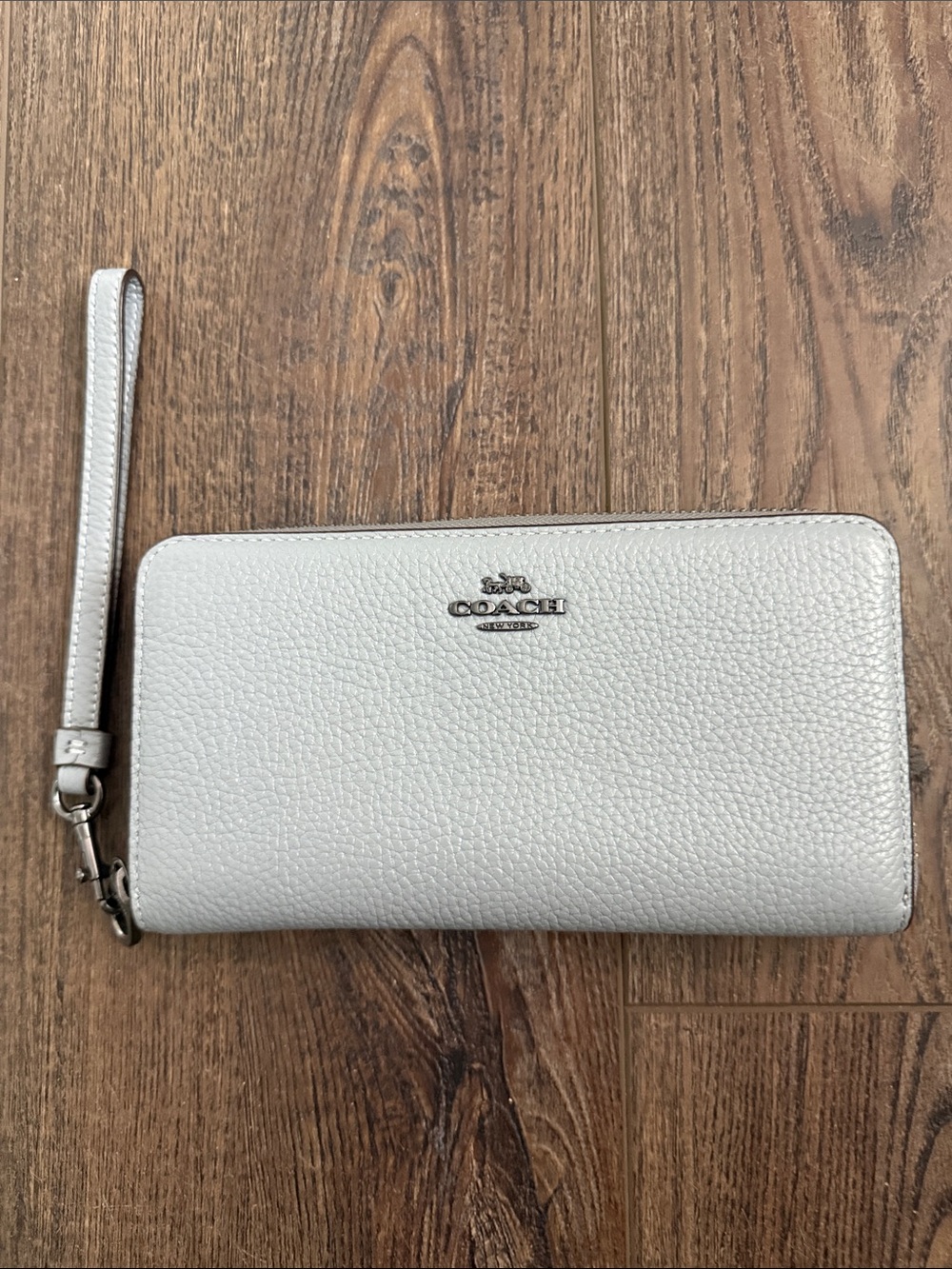 Coach Pebbled Leather Wristlet in Pale Gray-Blue